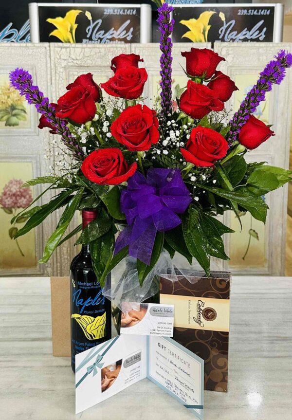 Valentine’s bundle dozen roses , box chocolates bottle of wine and 1 hour massage gift certificate. Quantity is limited.